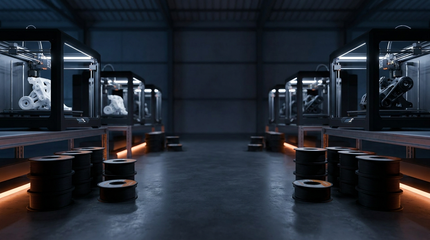 Print farm with FDM 3D printers and BEDROCK 3D filament spools